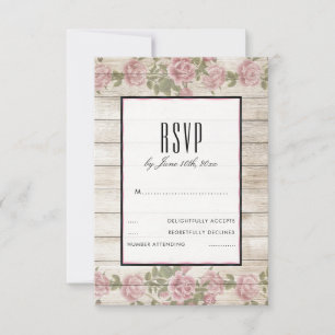Rustic Roses & Wood Framed Wedding RSVP Card