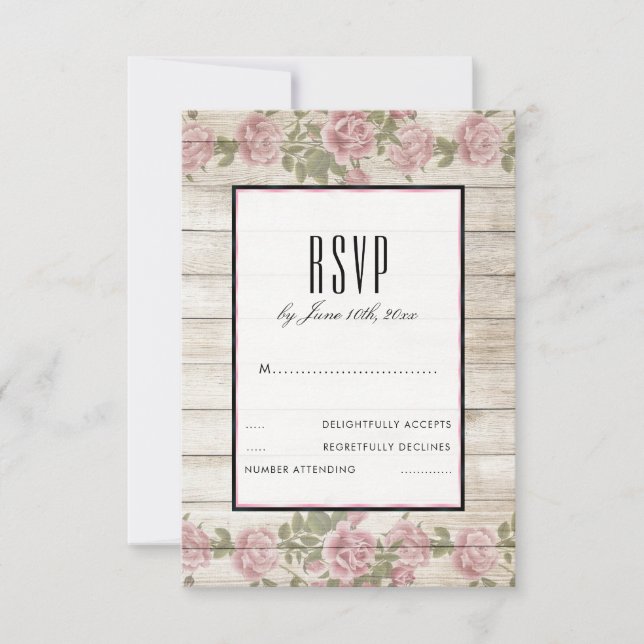 Rustic Roses & Wood Framed Wedding RSVP Card (Front)