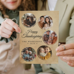 Rustic Round Collage 5 Photos Happy Thanksgiving Holiday Card