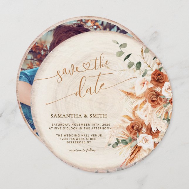 Rustic Round Wood Cut Grain Save the Date Card (Front/Back)