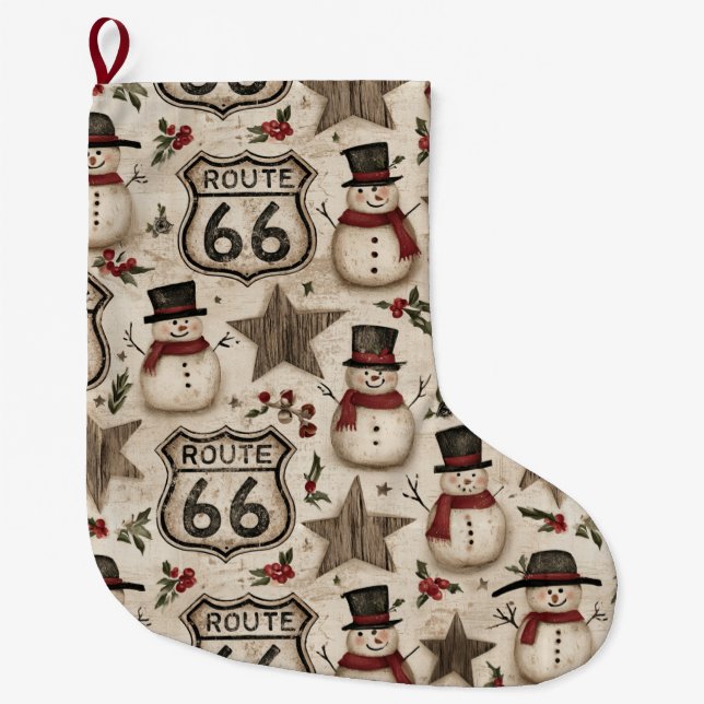 Rustic Route 66 Snowman Christmas Large Christmas Stocking (Front)