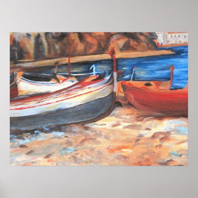 Rustic row boats on the seashore poster (Front)