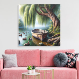 Rustic Rowboat Under a Willow Tree Canvas Print