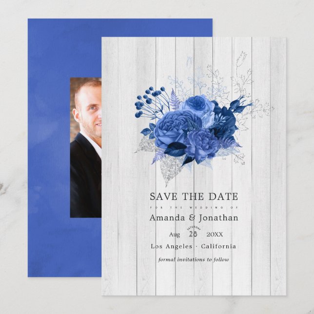 Rustic Royal Blue and Silver Floral Wedding Photo Save The Date (Front/Back)