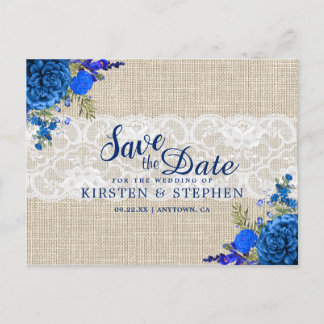 Rustic Royal Blue Floral Burlap Save the Date Announcement Postcard