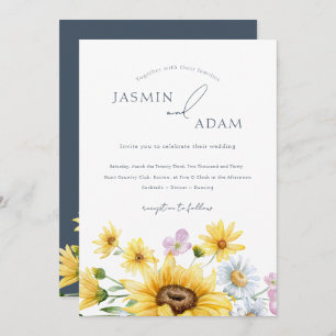 Rustic Royal Blue Opulence Sunflowers Wedding Invitation