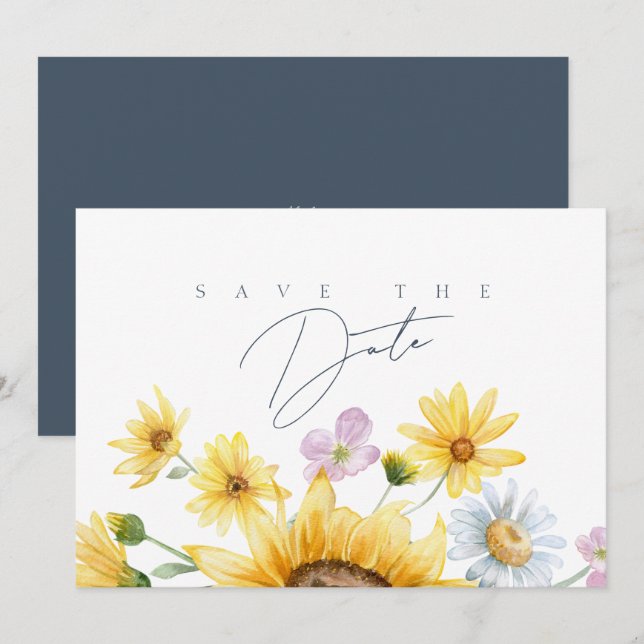Rustic Royal Blue Opulence Sunflowers Wedding Save The Date (Front/Back)