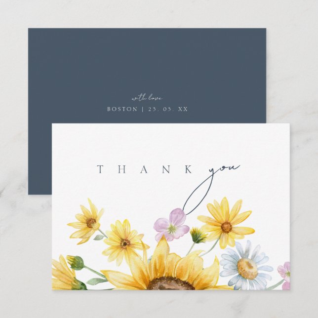 Rustic Royal Blue Opulence Sunflowers Wedding Thank You Card (Front/Back)