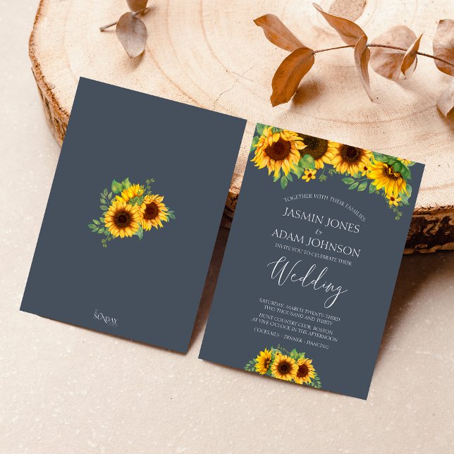 Rustic Royal Blue Sunflower Fall Wedding Invitation (Rustic Yellow and Navy Blue Sunflower Boho Wedding Invitation)
