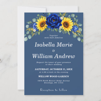 Rustic Royal Blue Sunflower Floral Wedding Invitation