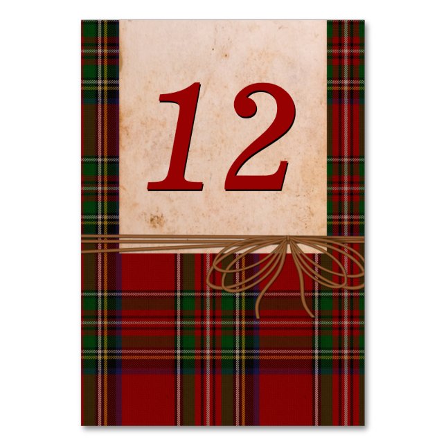 Rustic Royal Stewart Plaid Wedding Table Number (Front)