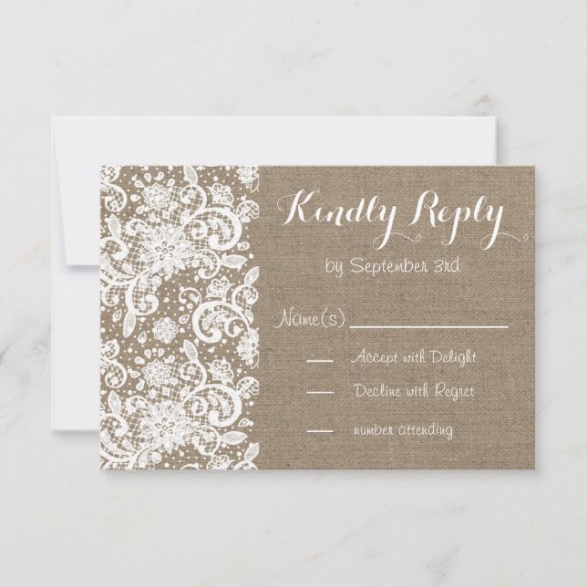 Rustic RSVP card with burlap and lace for wedding (Front)