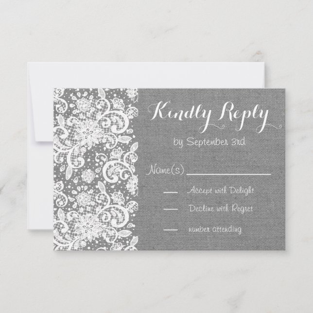 Rustic RSVP card with grey burlap and lace (Front)