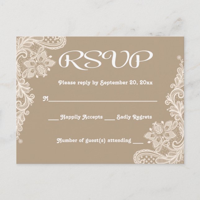 Rustic RSVP Floral Lace Brown & White Lacy Tan Invitation Postcard (Front)