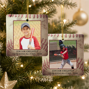 Rustic Rugged Baseball 1 or 2 Photo Personalised Ceramic Ornament
