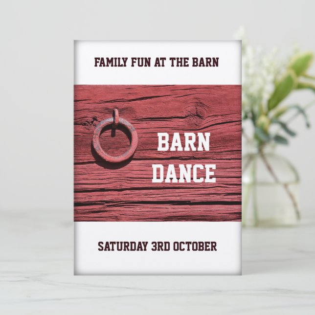 Rustic Rural Red Wooden Barn Party Dance Event Invitation (Standing Front)
