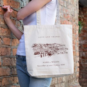 Rustic Rust Brown Winery Mountain Sketch Wedding Tote Bag