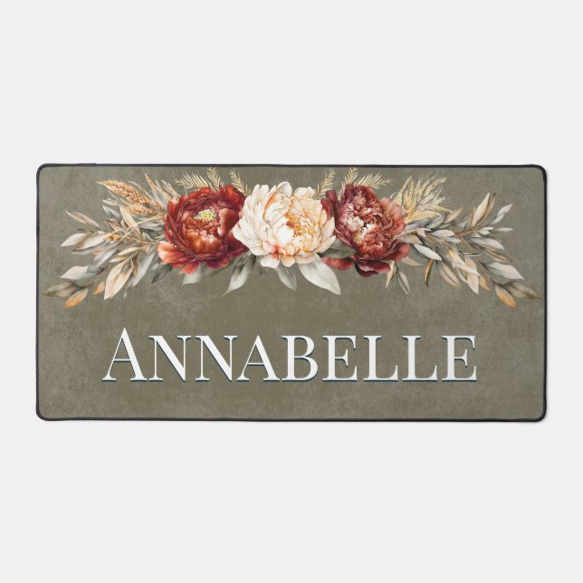 Rustic Rust & Cream Floral Sage Green Desk Mat (Front)