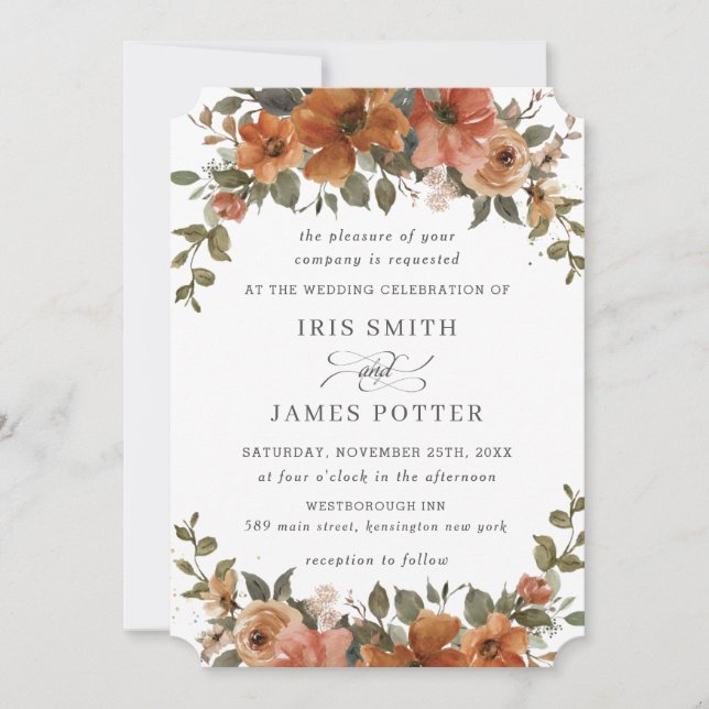 Rustic Rust Orange Copper Floral Earthy Greenery Invitation (Front)