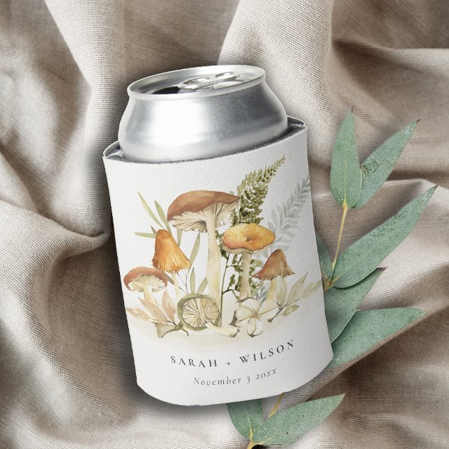 Rustic Rust Orange Mushroom Fern Foliage Wedding Can Cooler (Creator Uploaded)