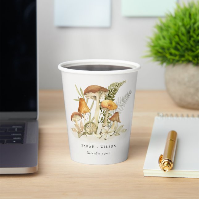 Rustic Rust Orange Mushroom Fern Foliage Wedding Paper Cups (Insitu)