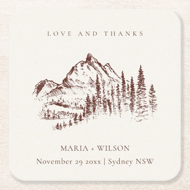 Rustic Rust Pine Woods Mountain Sketch Wedding Square Paper Coaster (Front)
