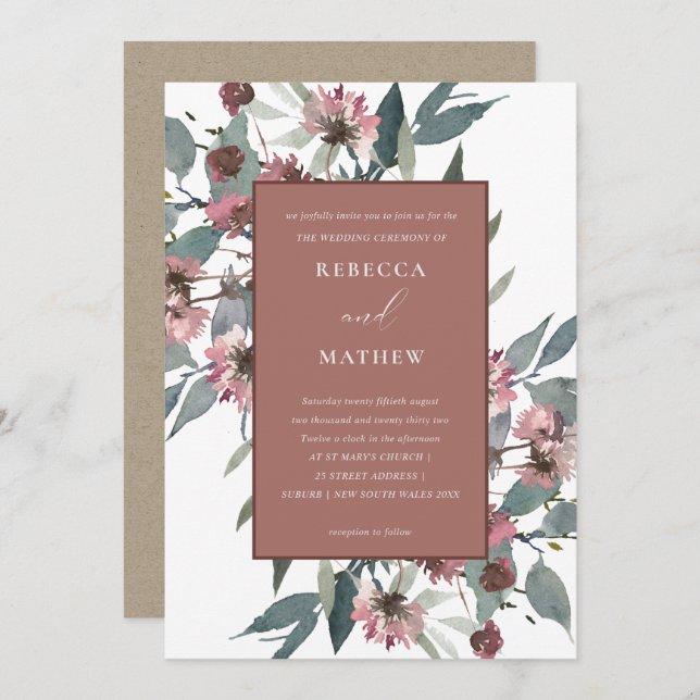 RUSTIC RUST PINK EUCALYPTUS FLORAL WEDDING INVITE (Front/Back)