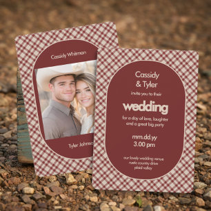 Rustic Rust Red Plaid Photo Country Wedding Invitation