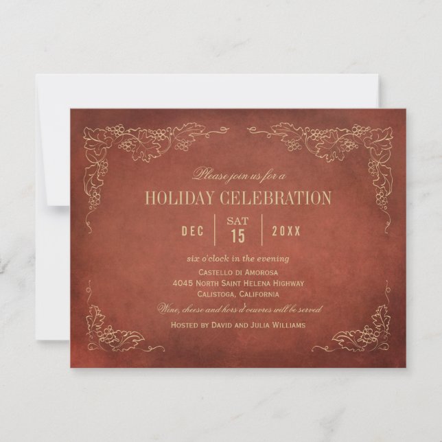 Rustic Rust Wine Holiday Celebration Vintage Invitation (Front)