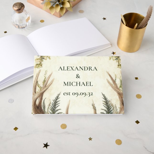 Rustic Rustic Antler Woodland Guest Book (Front Open)