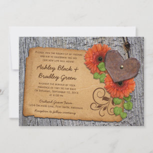 Rustic Rusty Heart Orange Daisy Country Wedding Invitation