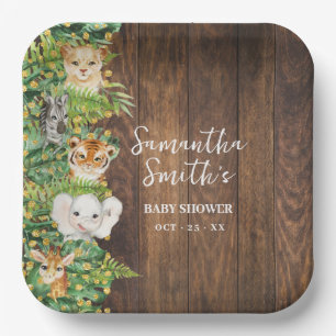 Rustic Safari Animals Gold Glitter Baby Shower Paper Plate