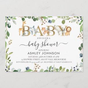 Rustic Safari Animals Word Baby Shower Invitation