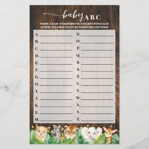 Rustic Safari Baby ABC Baby Shower Game Card