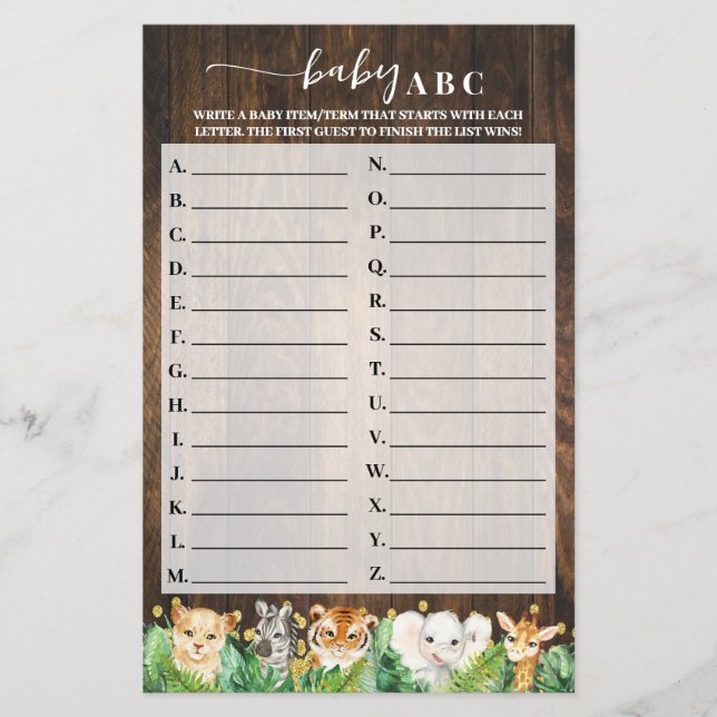 Rustic Safari Baby ABC Baby Shower Game Card (Front)