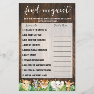 Rustic Safari Find the Guest Baby Shower Game Card