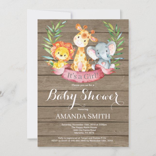 Rustic Safari Jungle Animals Girl Baby Shower Invitation (Front)
