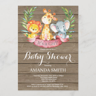 Rustic Safari Jungle Animals Girl Baby Shower Invitation