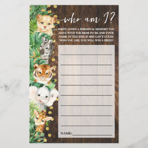 Rustic Safari Who am I Baby Shower Game Card