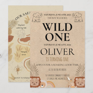 Rustic Safari Wild One 1st Birthday Map Party Invitation