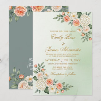 Rustic Sage and Peach Watercolor Botanical Wedding Invitation