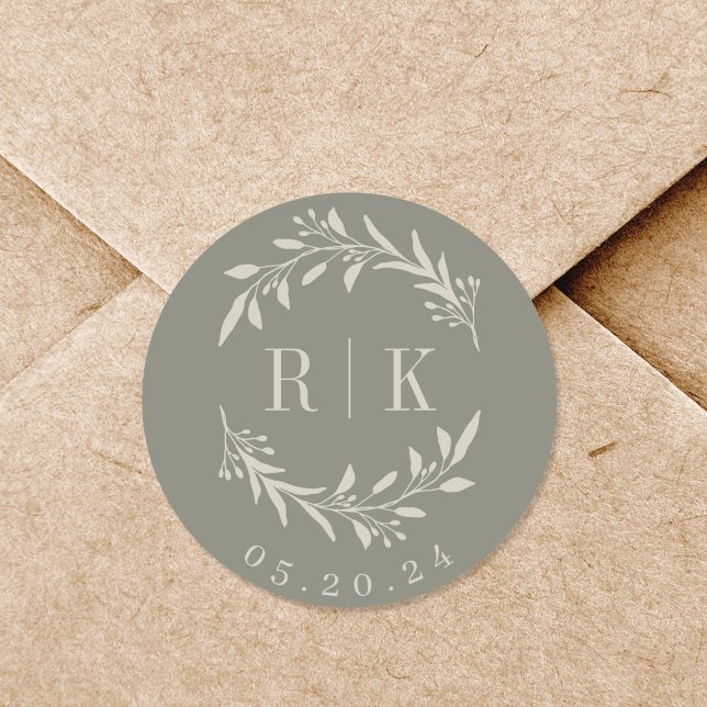 Rustic Sage Botanical Wreath Wedding Monogram Classic Round Sticker (Creator Uploaded)