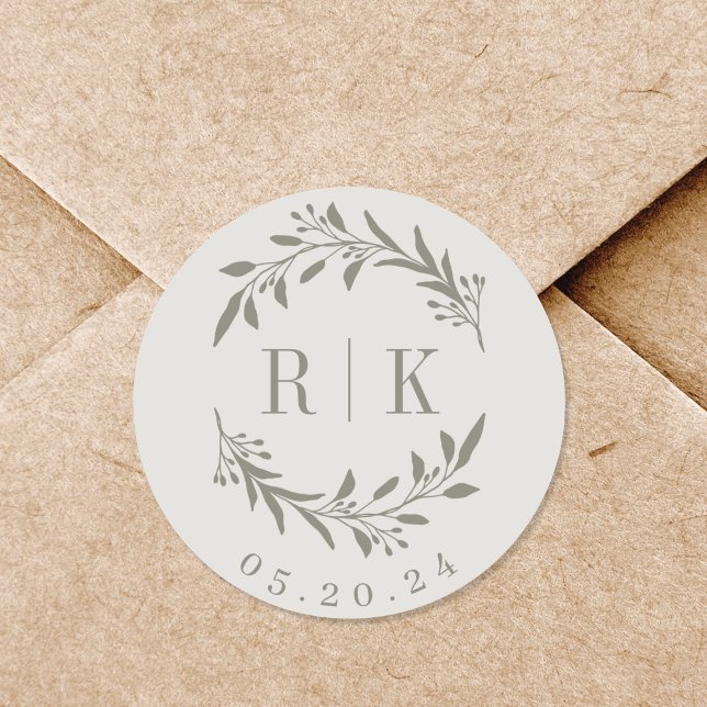 Rustic Sage Botanical Wreath Wedding Monogram Classic Round Sticker (Creator Uploaded)