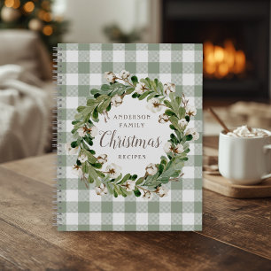 Rustic Sage Cotton Wreath Christmas Family Recipe Notebook