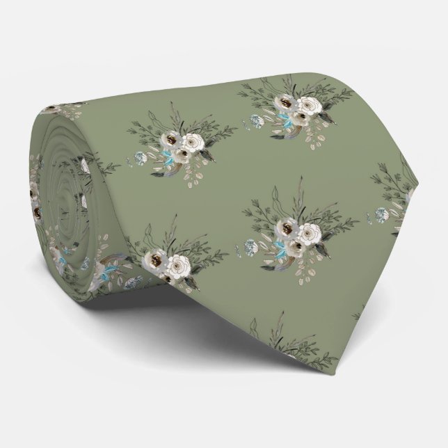 Rustic Sage floral wedding Neck Tie (Rolled)
