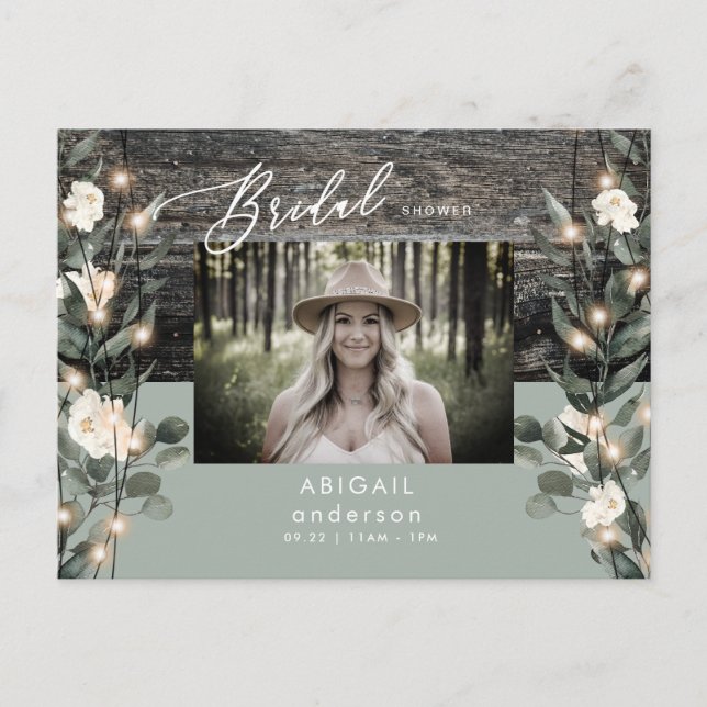 Rustic Sage Foliage Lights & White Floral  Invitation Postcard (Front)