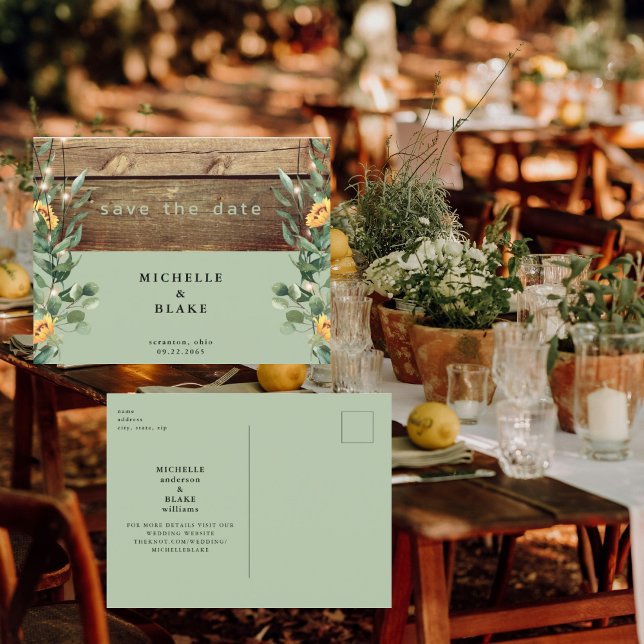 Rustic Sage Foliage Sunflower Save the Date Postcard (Creator Uploaded)