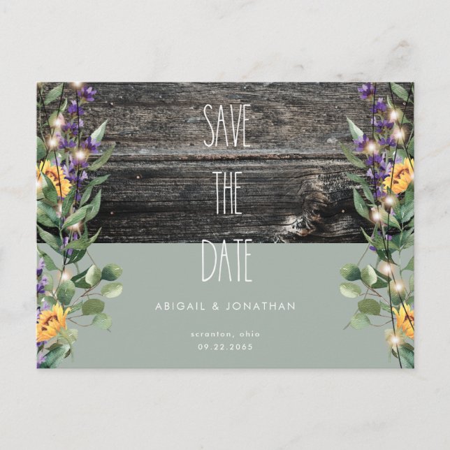 Rustic Sage Foliage Sunflower Save the Date  Postcard (Front)