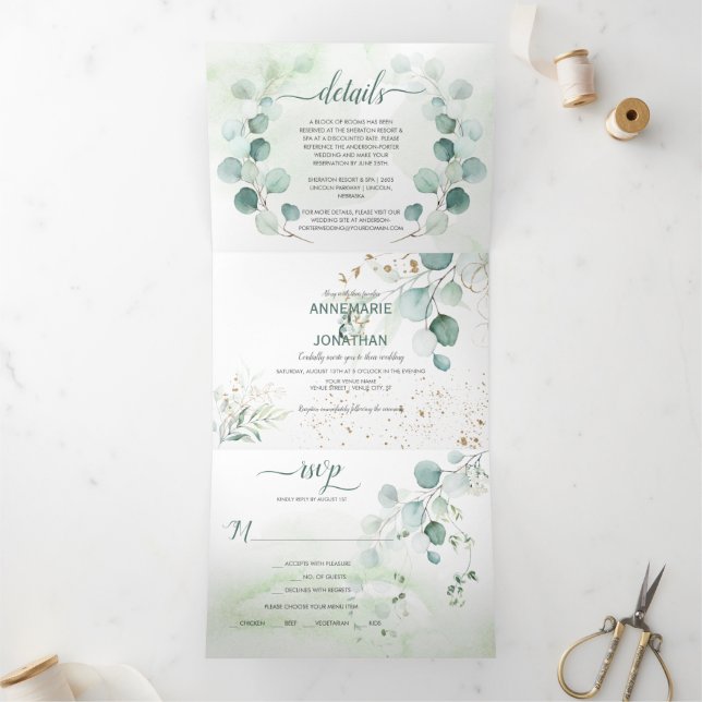 Rustic Sage & Gold Eucalyptus Botanicals Wedding | Tri-Fold Invitation (Inside)