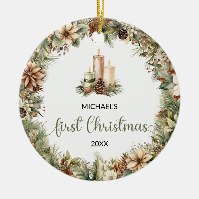 Rustic sage green and beige Christmas candles Ceramic Tree Decoration (Front)